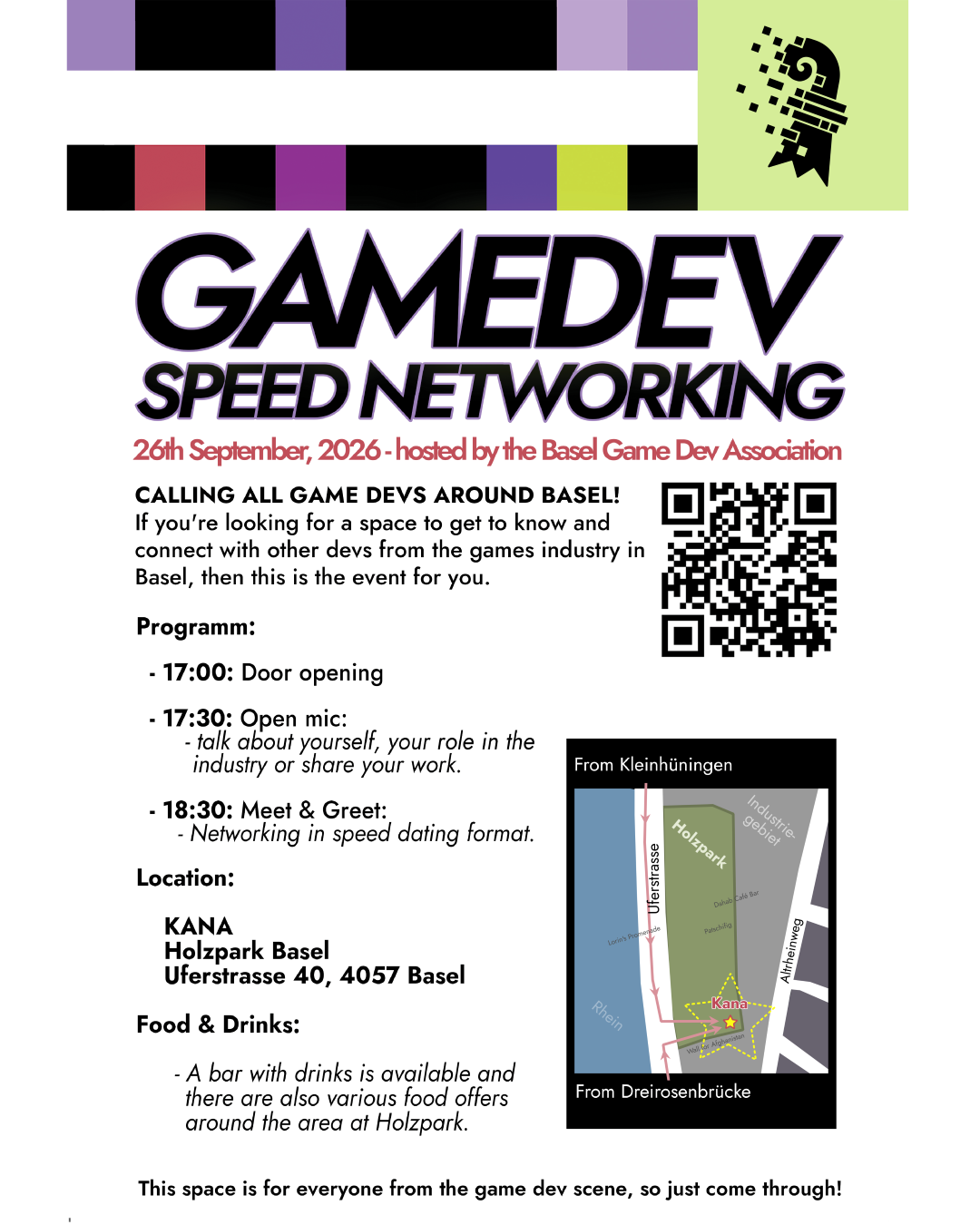 Flyer: GameDev Speed Networking, 26. September 2026 im Kana, Holzpark Basel